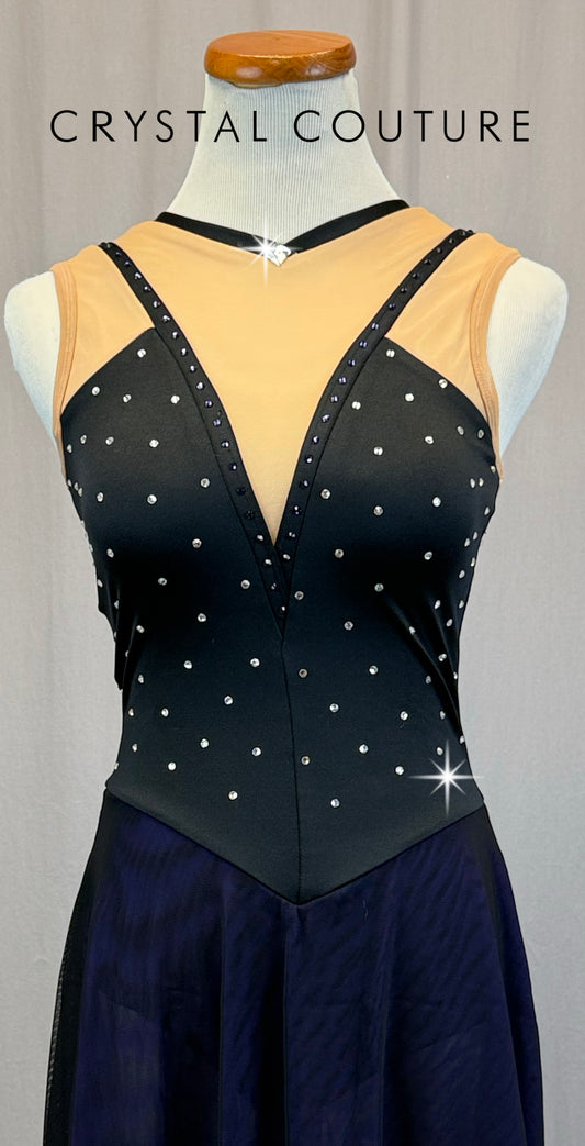 Black and Purple Mesh Illusion Deep-V Skating Dress - Rhinestones