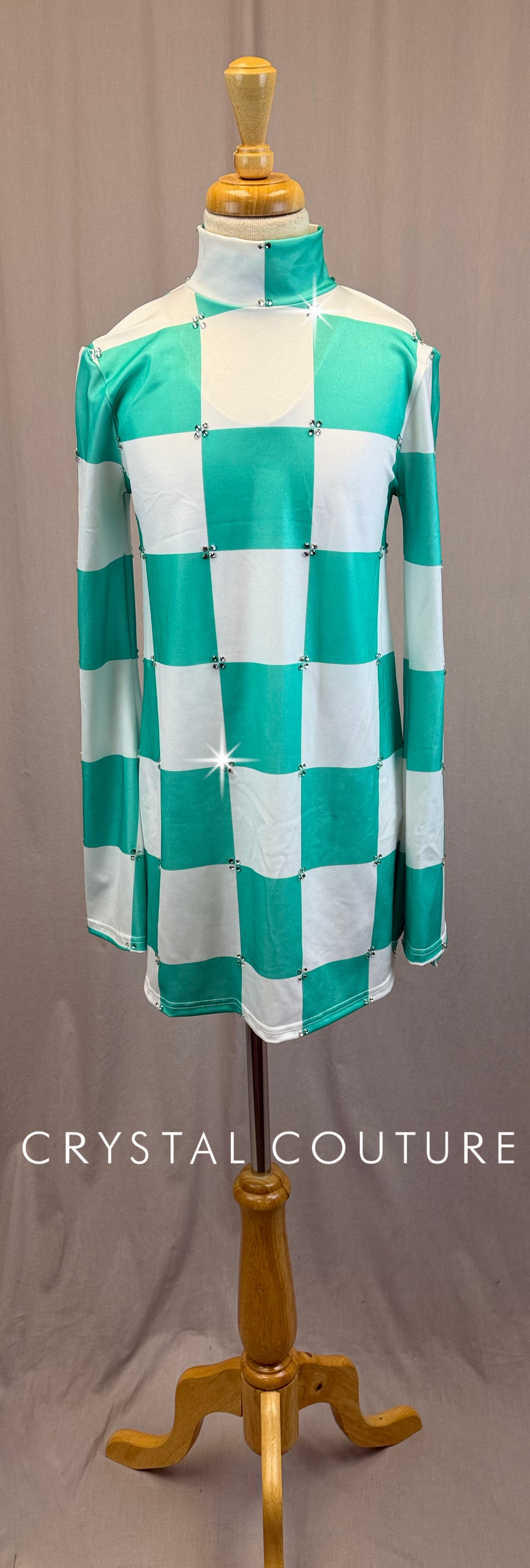 Teal and White Checkered Long Sleeve Gogo Dress - Rhinestones