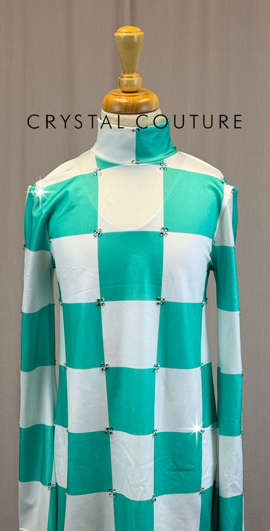 Teal and White Checkered Long Sleeve Gogo Dress - Rhinestones