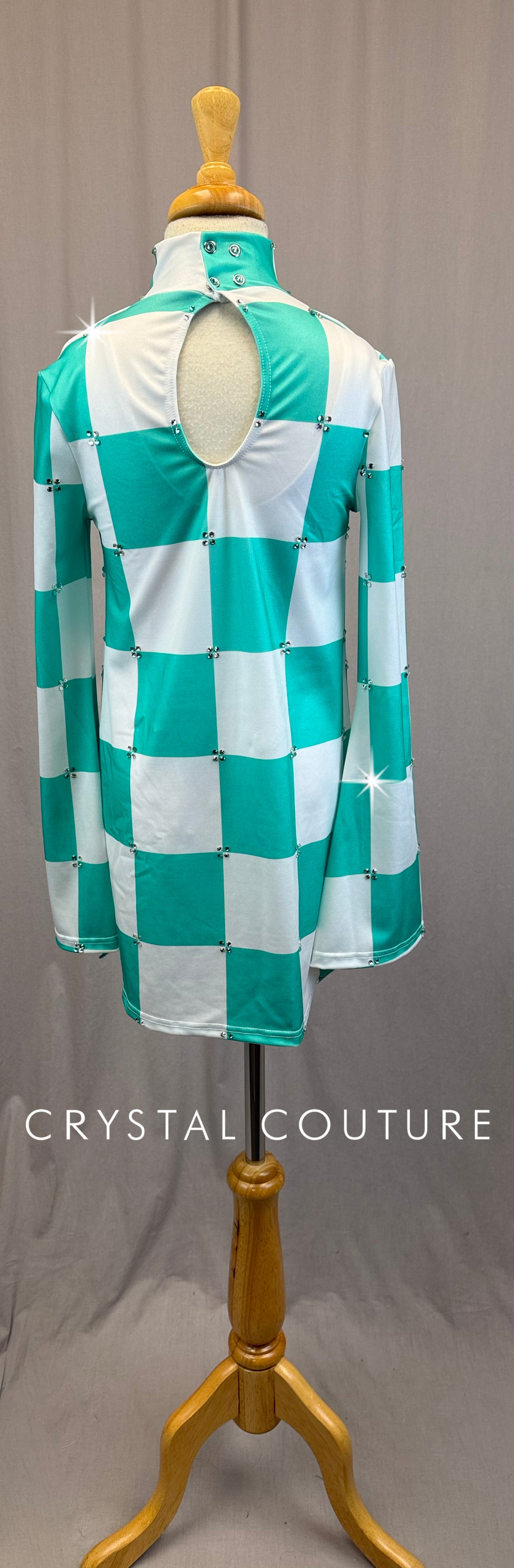 Teal and White Checkered Long Sleeve Gogo Dress - Rhinestones