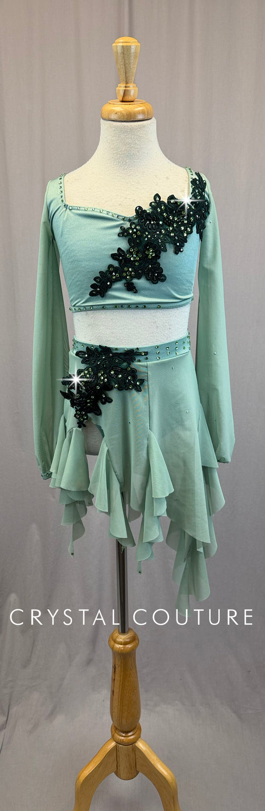 Sage Green Mesh Long Sleeve Top and Mesh Skirt Two-Piece Set - Appliques - Rhinestones