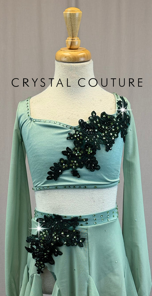 Sage Green Mesh Long Sleeve Top and Mesh Skirt Two-Piece Set - Appliques - Rhinestones