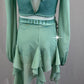 Sage Green Mesh Long Sleeve Top and Mesh Skirt Two-Piece Set - Appliques - Rhinestones