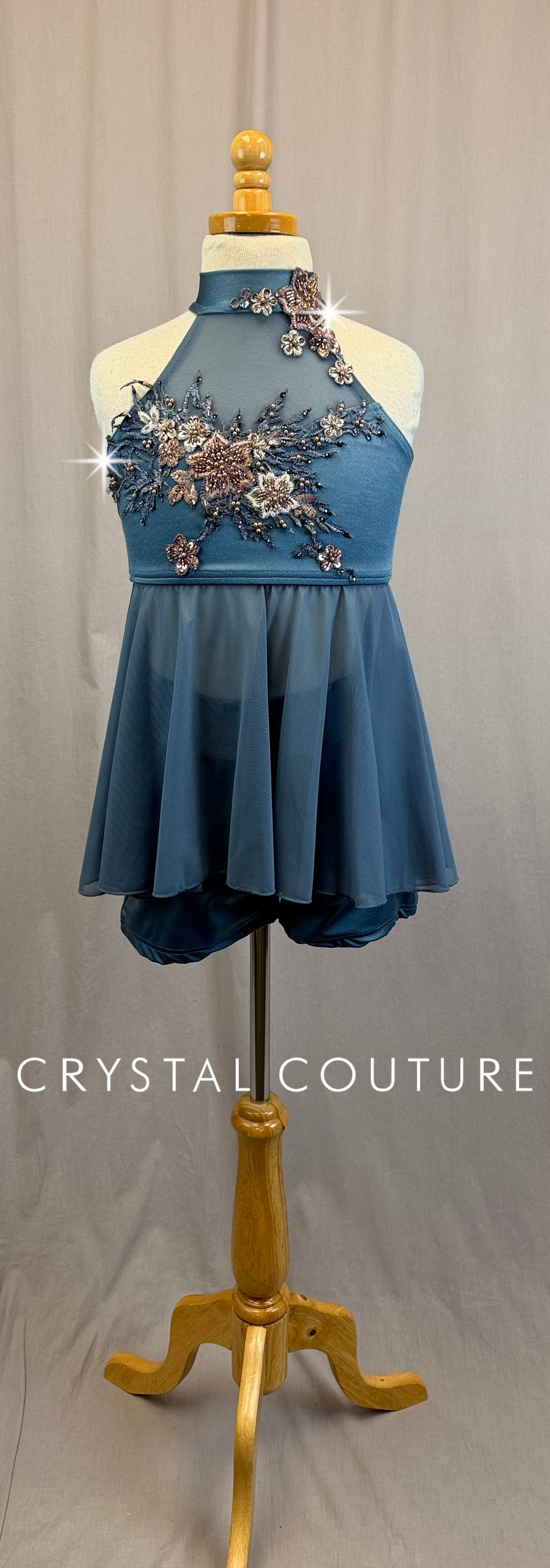 *Custom* Slate Blue Lycra and Mesh Tunic and Shorts Set with Appliques - Rhinestones