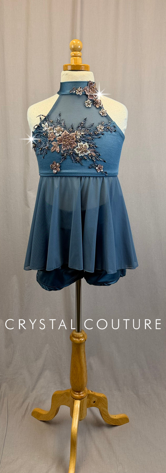 *Custom* Slate Blue Lycra and Mesh Tunic and Shorts Set with Appliques - Rhinestones