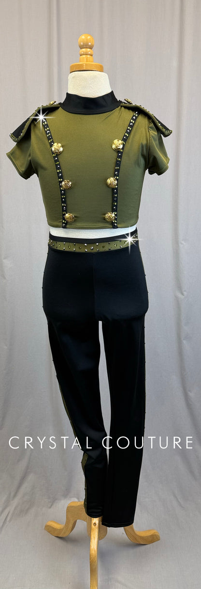 *Custom* Olive Green and Black Legging and Crop Top Army Set -Rhinestones