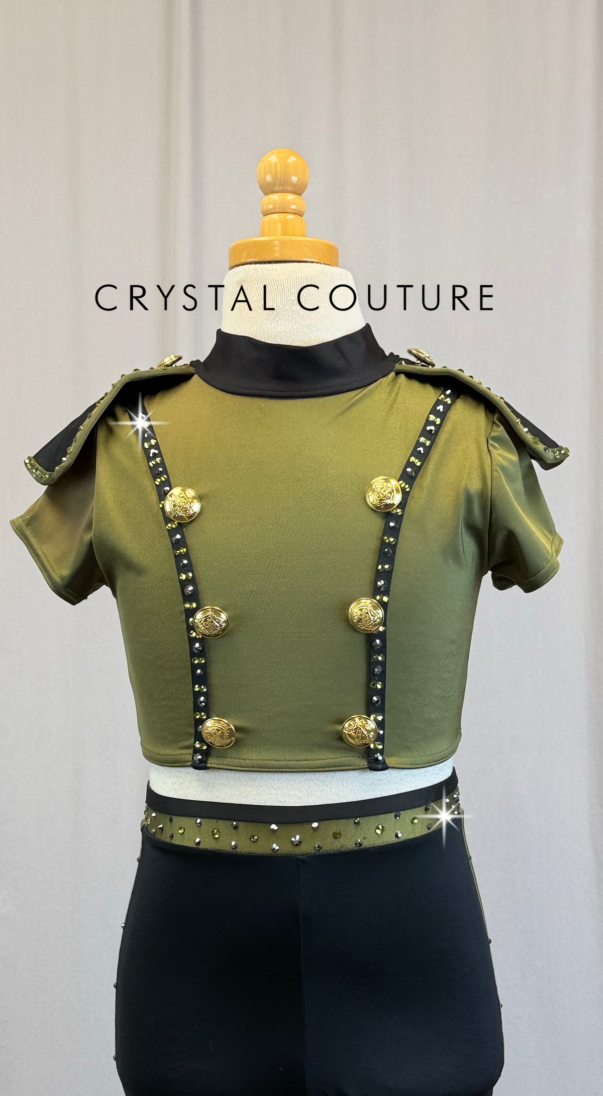 *Custom* Olive Green and Black Legging and Crop Top Army Set -Rhinestones