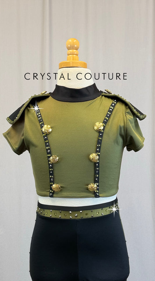 *Custom* Olive Green and Black Legging and Crop Top Army Set -Rhinestones