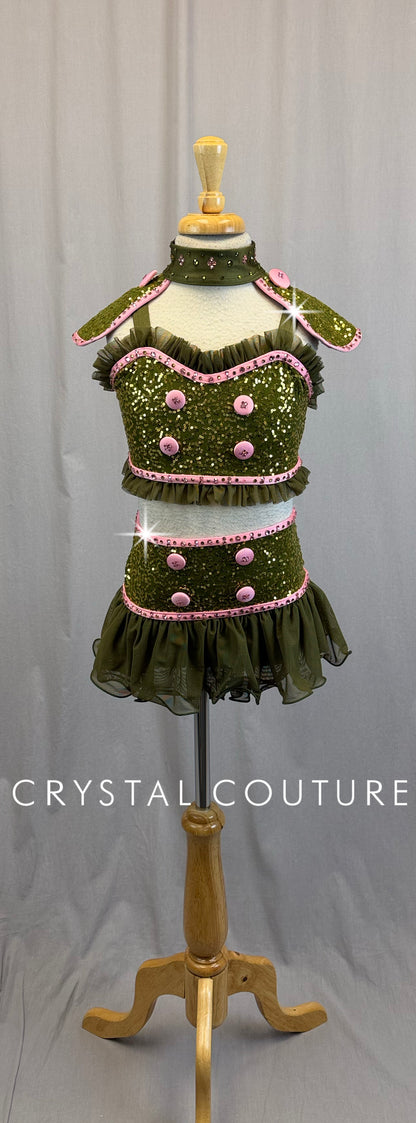 *Custom* Olive Green Top and skirt/Brief with Pink Trim Two-Piece Set - Rhinestones