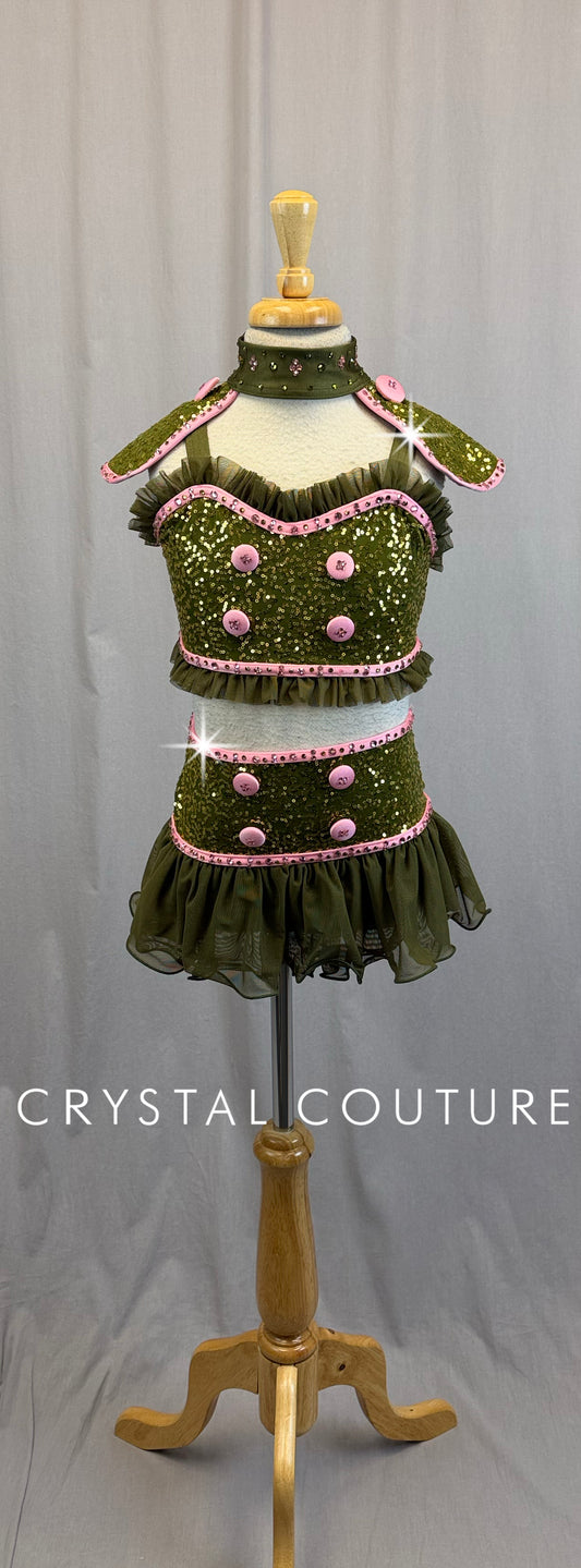 *Custom* Olive Green Top and skirt/Brief with Pink Trim Two-Piece Set - Rhinestones