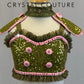 *Custom* Olive Green Top and skirt/Brief with Pink Trim Two-Piece Set - Rhinestones