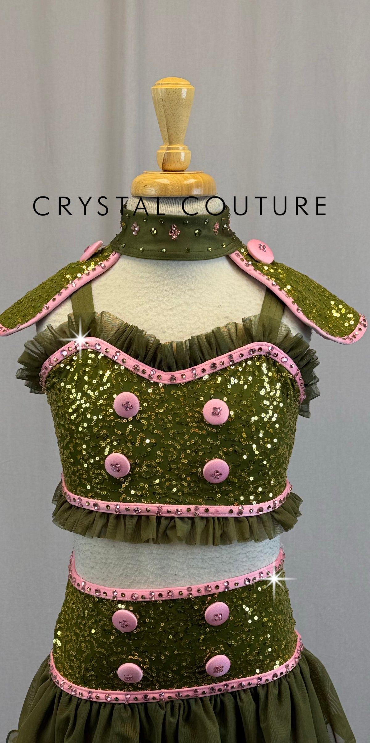 *Custom* Olive Green Top and skirt/Brief with Pink Trim Two-Piece Set - Rhinestones