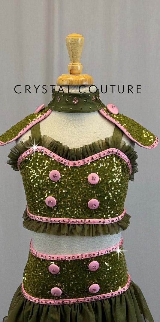 *Custom* Olive Green Top and skirt/Brief with Pink Trim Two-Piece Set - Rhinestones