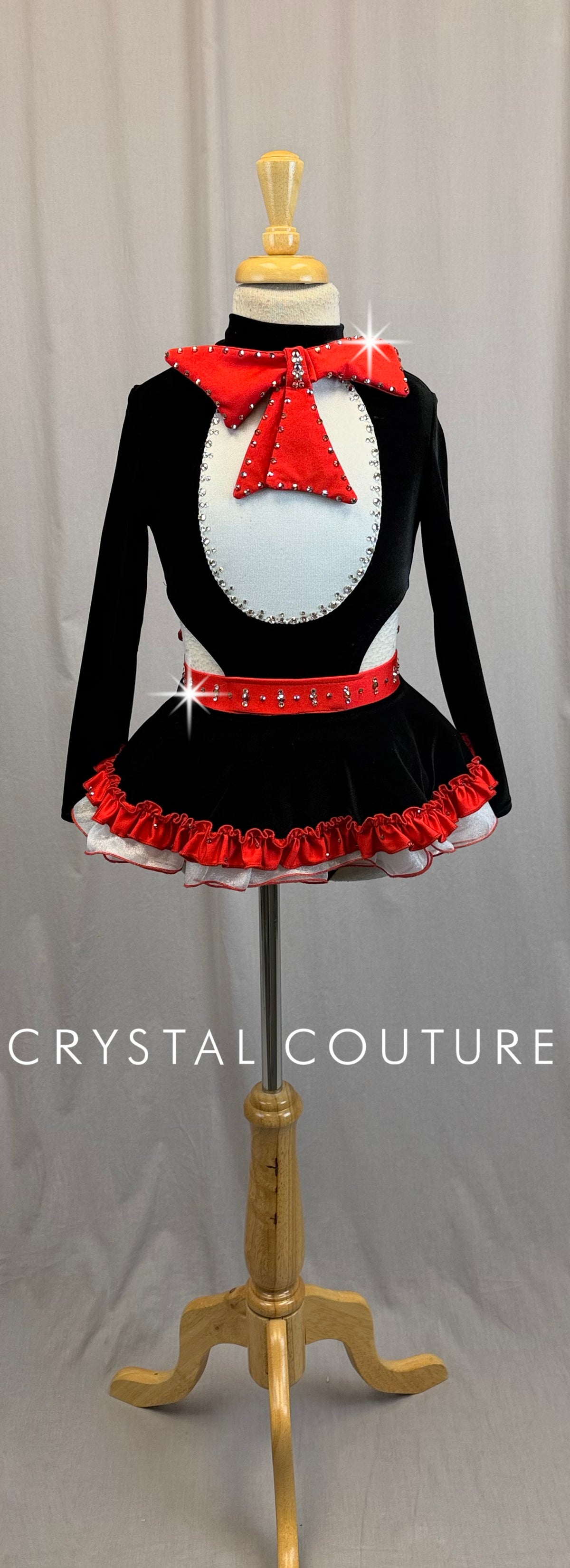 *Custom Cat in The Hat Inspired* Black Long Sleeve Dress with Red and White Accents - Rhinestones