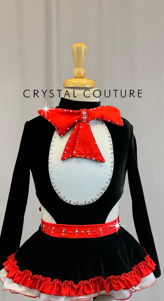 *Custom Cat in The Hat Inspired* Black Long Sleeve Dress with Red and White Accents - Rhinestones