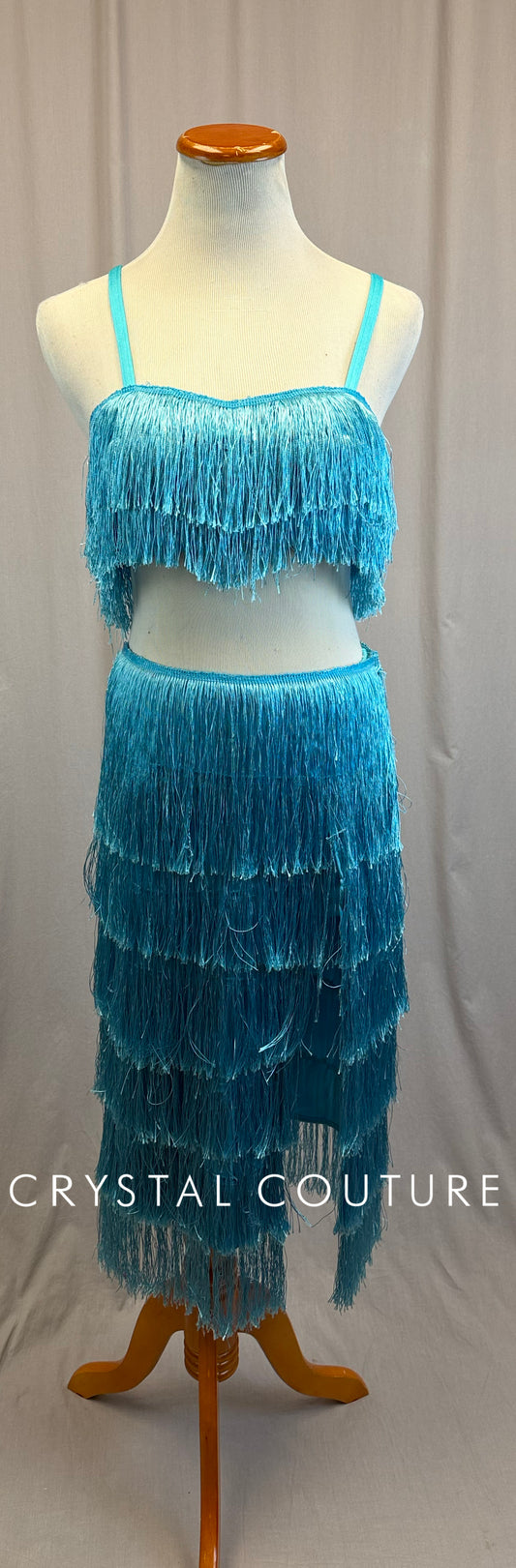 Turquoise Fringe Crop Top and Skirt 3-Piece Set