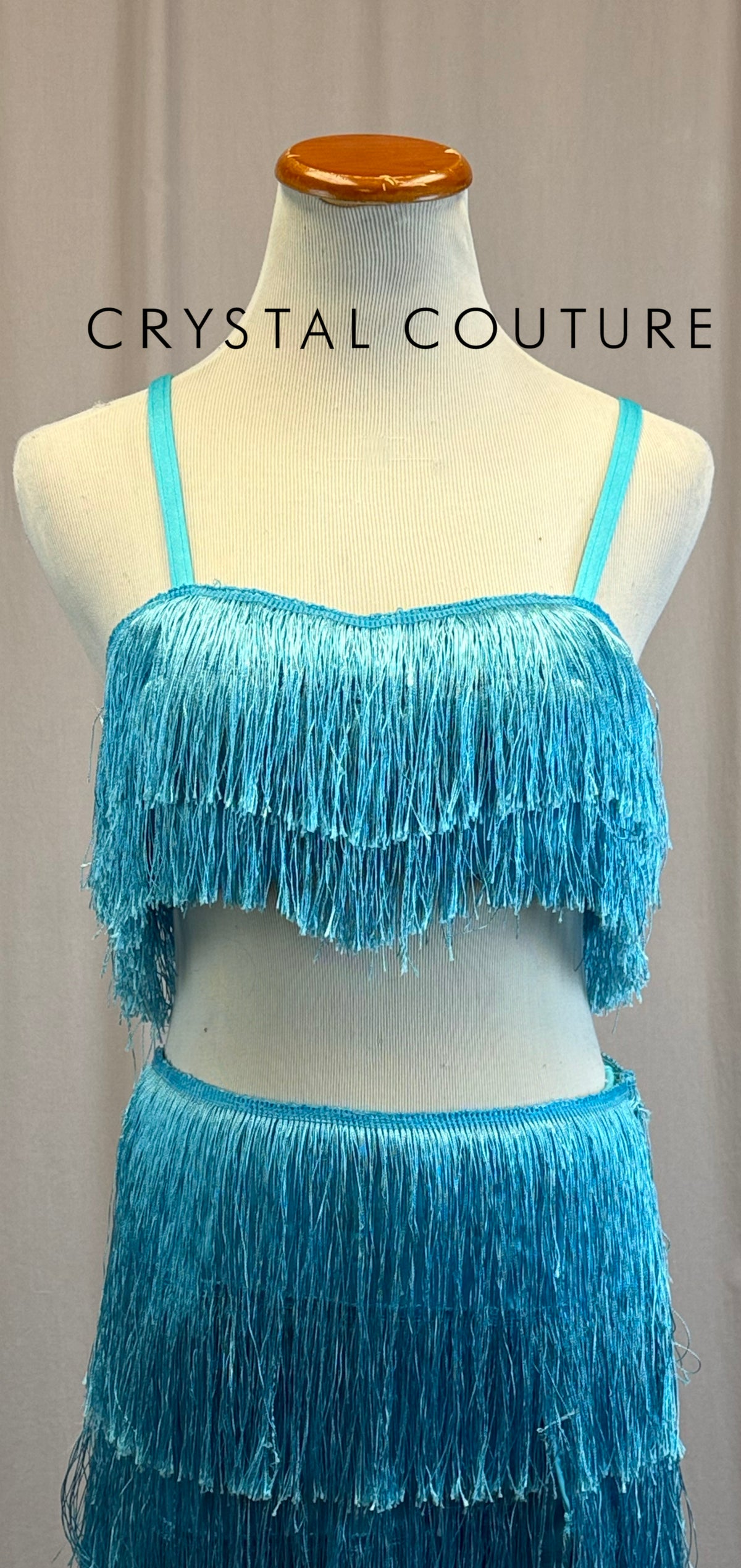 Turquoise Fringe Crop Top and Skirt 3-Piece Set