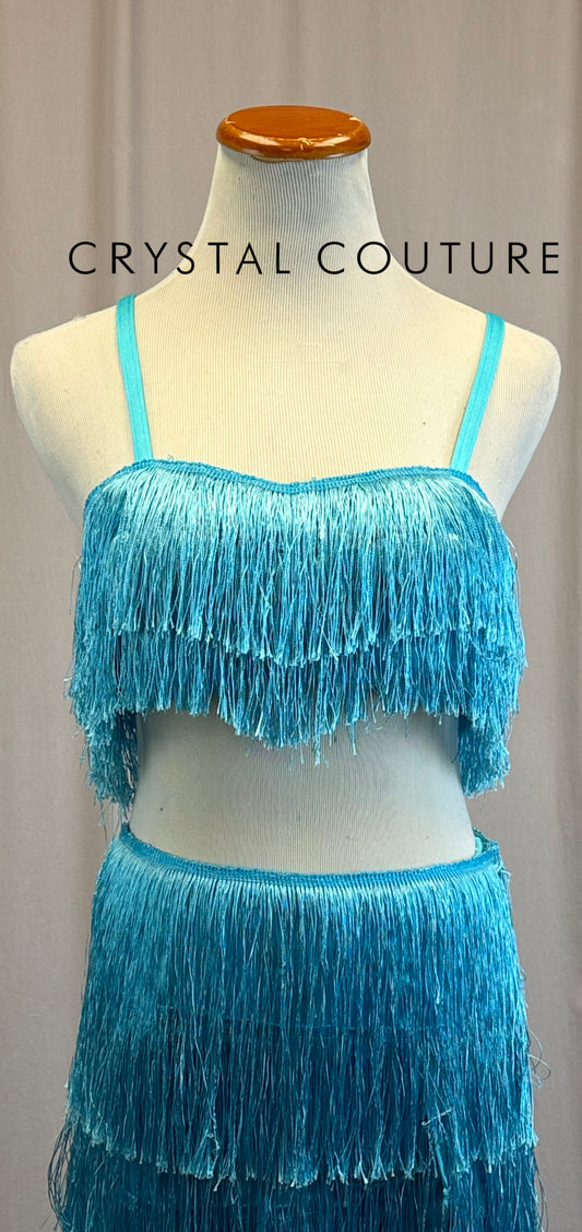 Turquoise Fringe Crop Top and Skirt 3-Piece Set