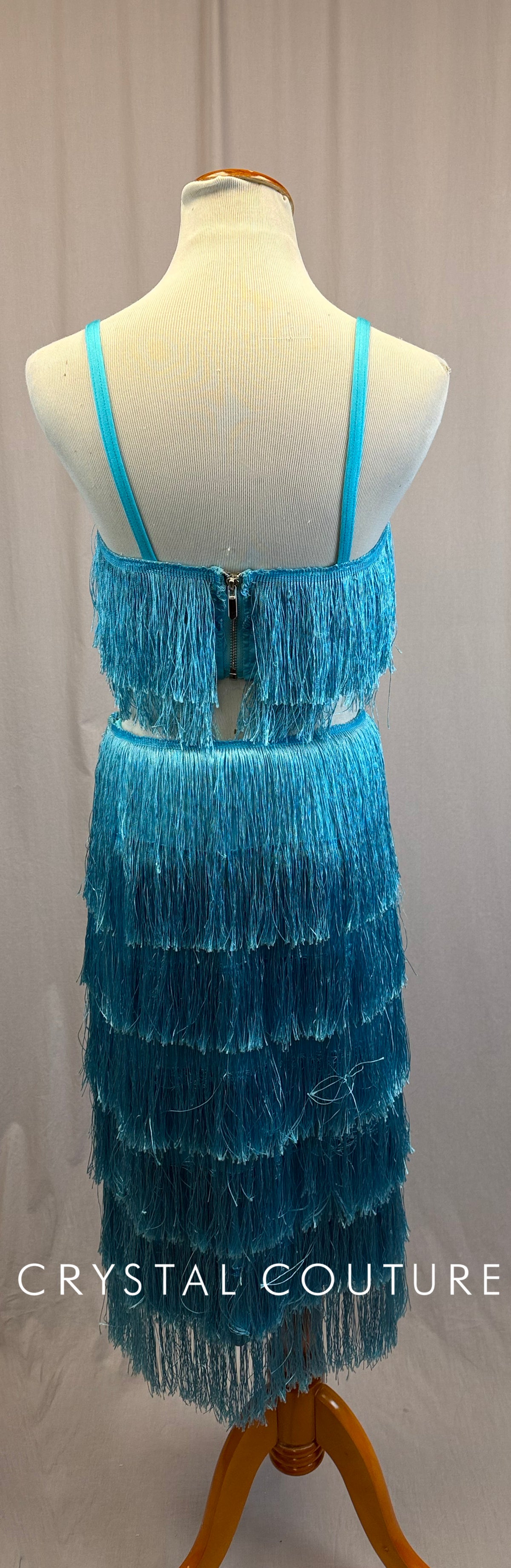 Turquoise Fringe Crop Top and Skirt 3-Piece Set