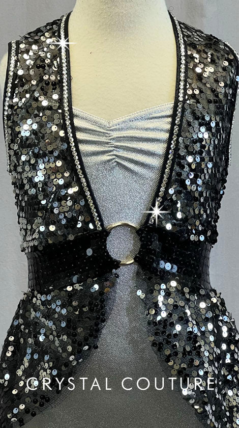Black Sheer Mesh Sequin Over-Dress with Silver Leotard - Swarovski Rhinestones