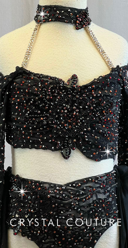 Black Floral Lace Top and Trunk/Sheer Mesh Skirt - Swarovski Rhinestones