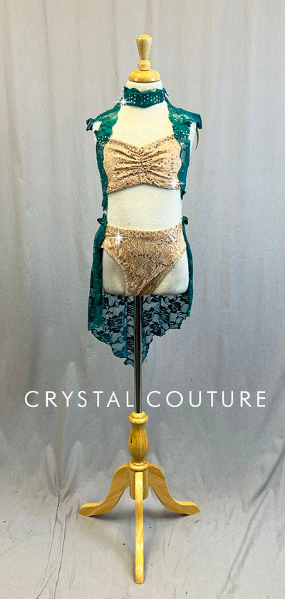 Custom Nude and Green Floral Lace Two Piece with Draped Half Skirt - Swarovski Rhinestones