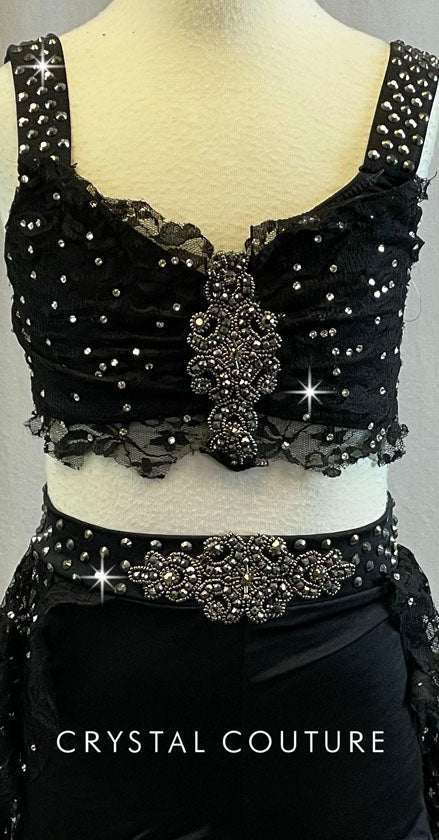 Black Floral Lace Bra-Top and Half Skirt/Booty Short - Swarovski Rhinestones