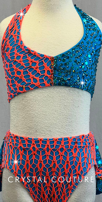 Custom Bright Coral & Teal Blue Bra-Top & Trunk/Half Tiered Skirt - Swarovski Rhinestones