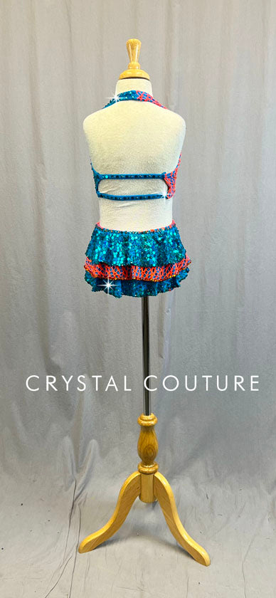 Custom Bright Coral & Teal Blue Bra-Top & Trunk/Half Tiered Skirt - Swarovski Rhinestones
