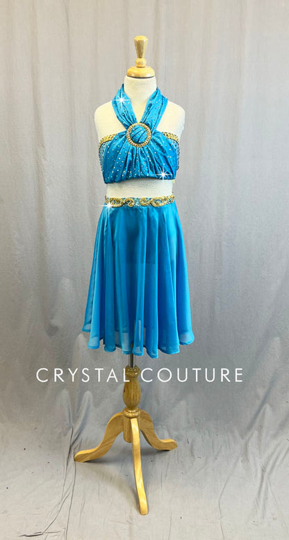 Custom Stunning Aqua Blue Two Piece with Gold Trim - Swarovski Rhinestones