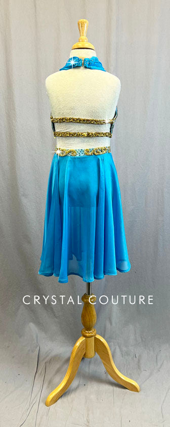 Custom Stunning Aqua Blue Two Piece with Gold Trim - Swarovski Rhinestones