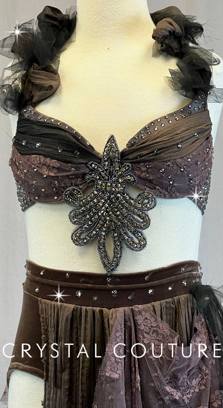 Brown and Black 2-Piece Bra-Top and Booty Shorts With Attached Skirt - Swarovski Rhinestones