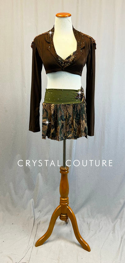 Custom Camouflage, Brown & Green Bra-Top, Cropped Jacket and Skirt - Swarovski Rhinestones