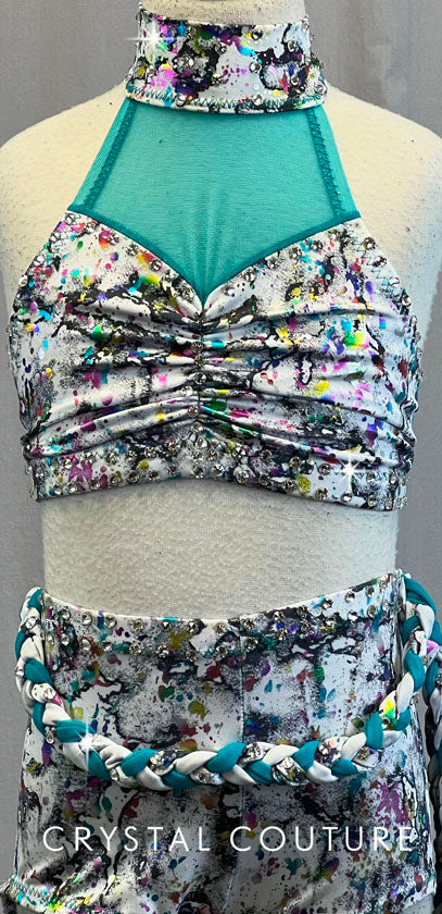 Custom White with Multi-Colored Splatter Pattern and Teal Blue Connected Bra-Top and Booty shorts-Swarovski Rhinestones