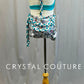 Custom White with Multi-Colored Splatter Pattern and Teal Blue Connected Bra-Top and Booty shorts-Swarovski Rhinestones