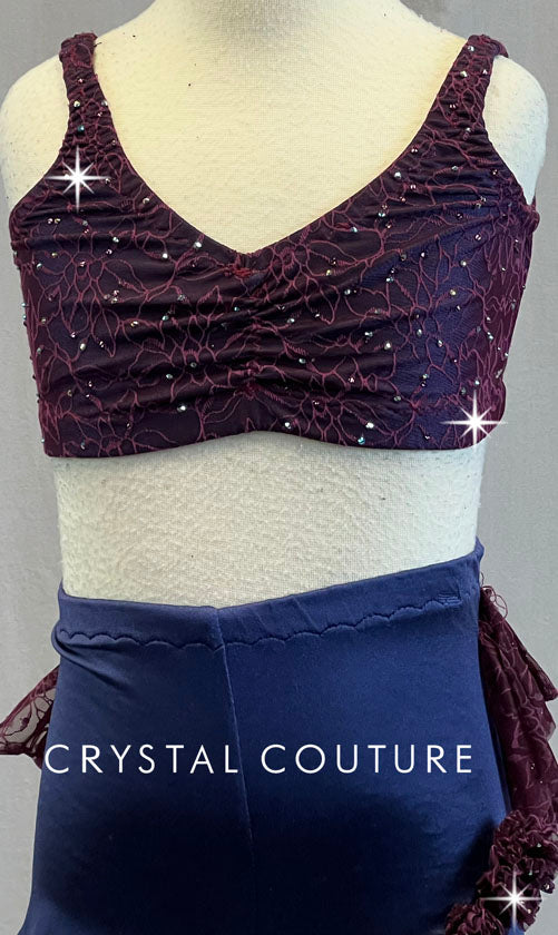 Custom Purple Bra-Top & Booty Shorts with Plum Floral Sheer Mesh -  Swarovski Rhinestones