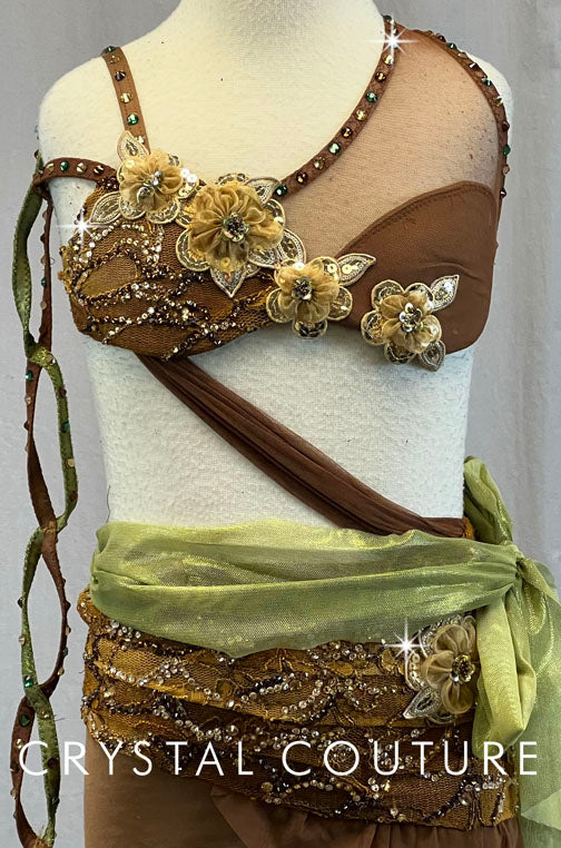 Custom Brown Connected Bra-Top and Bootie Shorts with Green Accents- Swarovski Rhinestones