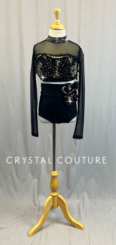 Custom Black Sheer Mesh Long Sleeve Top and Trunk - Swarovski Rhinestones