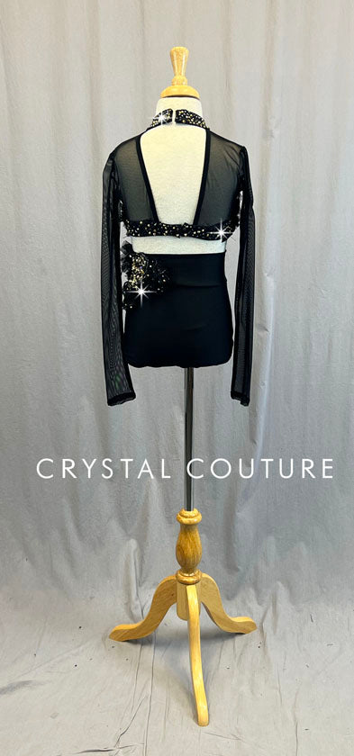 Custom Black Sheer Mesh Long Sleeve Top and Trunk - Swarovski Rhinestones