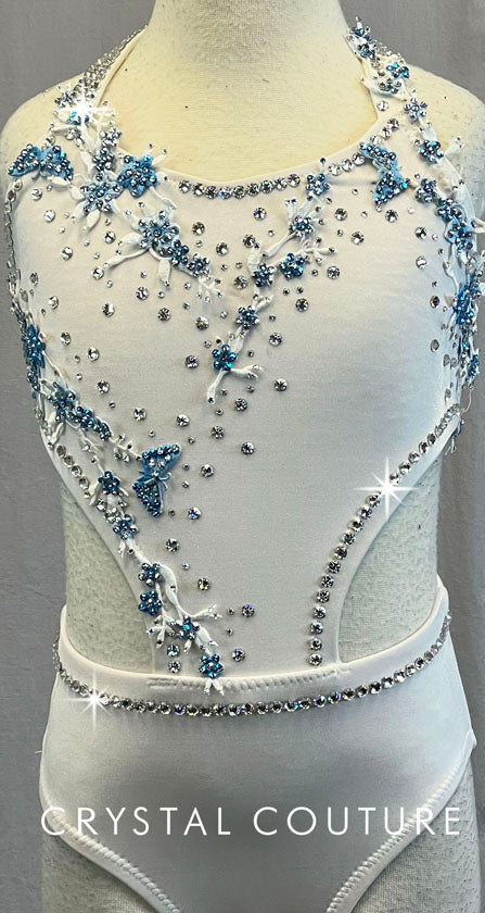 Custom White Lycra Connected 2 Pc Top and Brief with Appliques - Swarovski Rhinestones