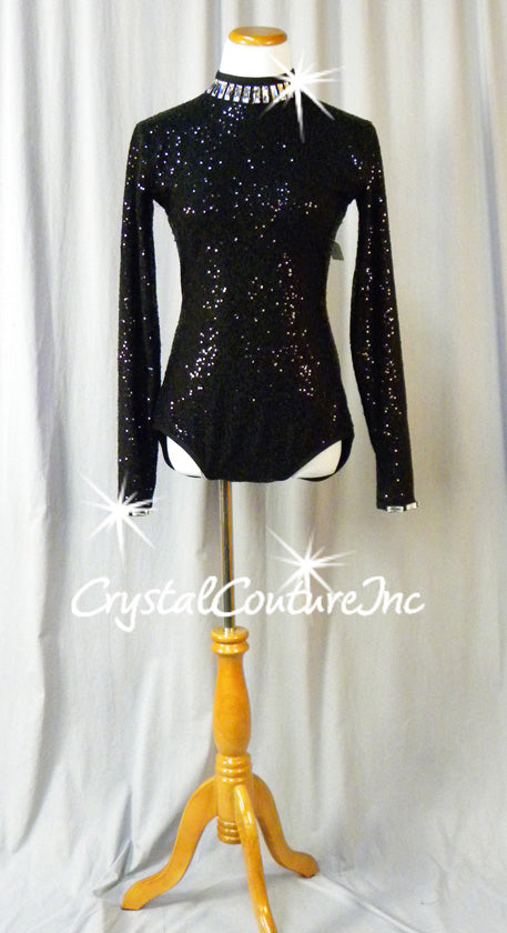 Black Zsa Zsa Long Sleeve Leotard with Black Trim- Swarovski Rhinestones