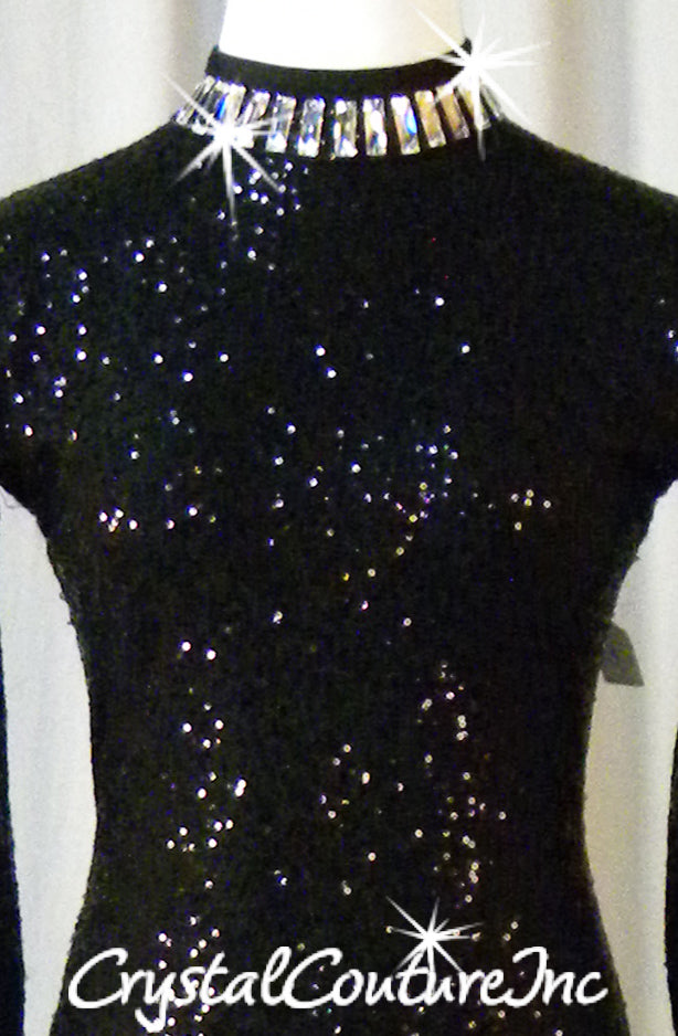Black Zsa Zsa Long Sleeve Leotard with Black Trim- Swarovski Rhinestones