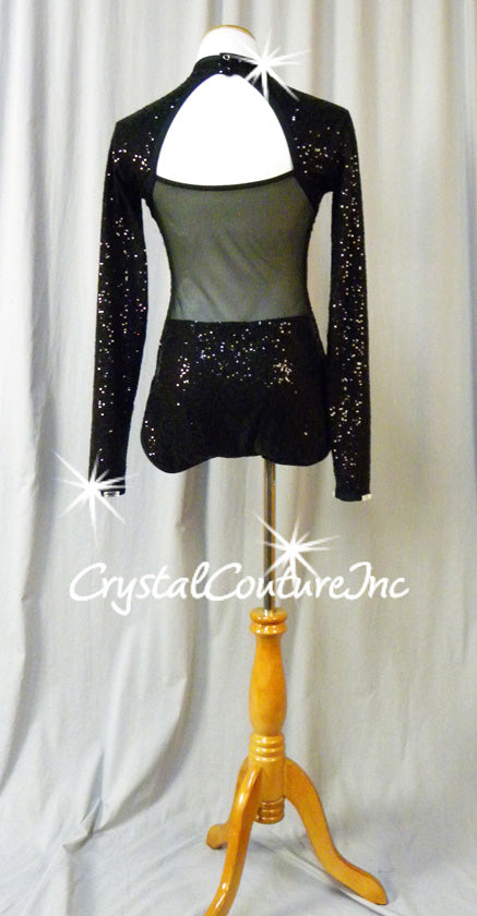 Black Zsa Zsa Long Sleeve Leotard with Black Trim- Swarovski Rhinestones