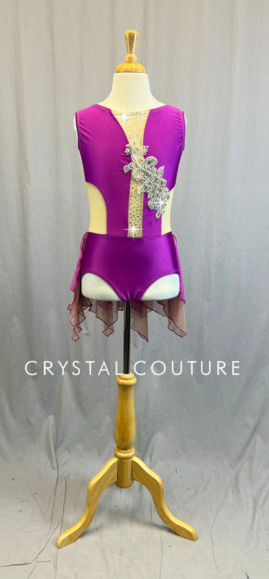 Purple Lycra and Nude Sheer Mesh Leotard with Appliques - Swarovski Rhinestones