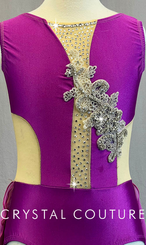 Purple Lycra and Nude Sheer Mesh Leotard with Appliques - Swarovski Rhinestones