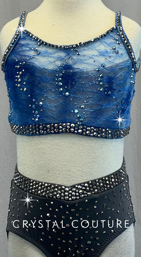 Custom Gray Lycra with Blue Floral Lace 2 Piece Crop Top and Trunks - Swarovski Rhinestones