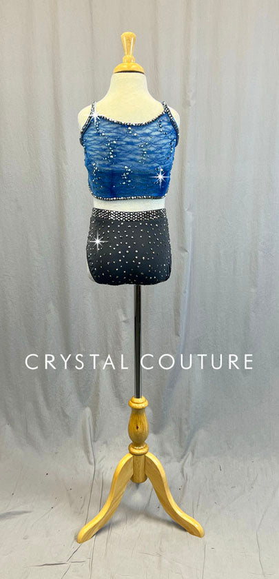 Custom Gray Lycra with Blue Floral Lace 2 Piece Crop Top and Trunks - Swarovski Rhinestones
