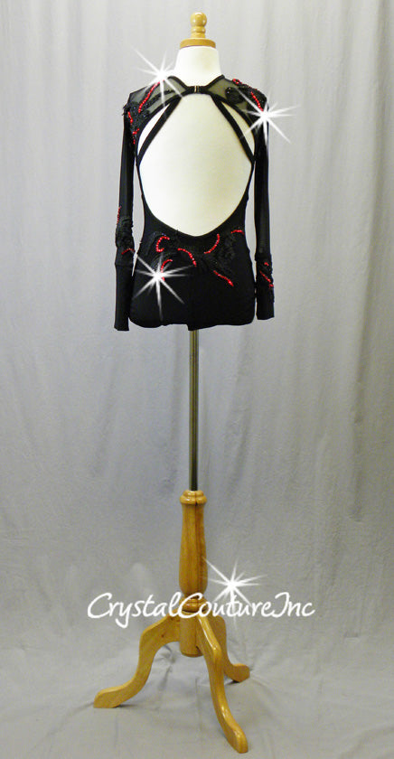 Black Leotard with Sheer Mesh Long Sleeves and  Black Embroidered Appliques - Swarovski Rhinestones - Size AXS