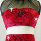 Red Velour Crop Top/Bootie Shorts with Black Puffy Shorts - Swarovski Rhinestones