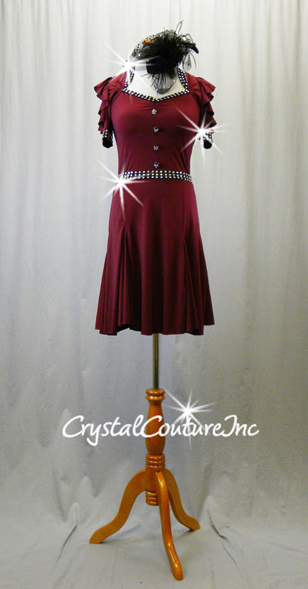 Burgundy Dress/Leotard with Ruffle Open Shoulder Sleeves - Swarovski Rhinestones